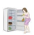 Woman sneaks to the fridge. food for the night. vector illustration.